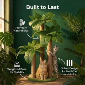 31.5Inch Cat Scratching Post, with 3 Scratching Poles & 2 Interactive Dangling Balls